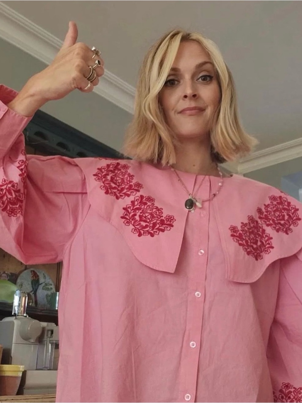 Damson Madder Embroidered Button-Down Blouse with Statement Collar